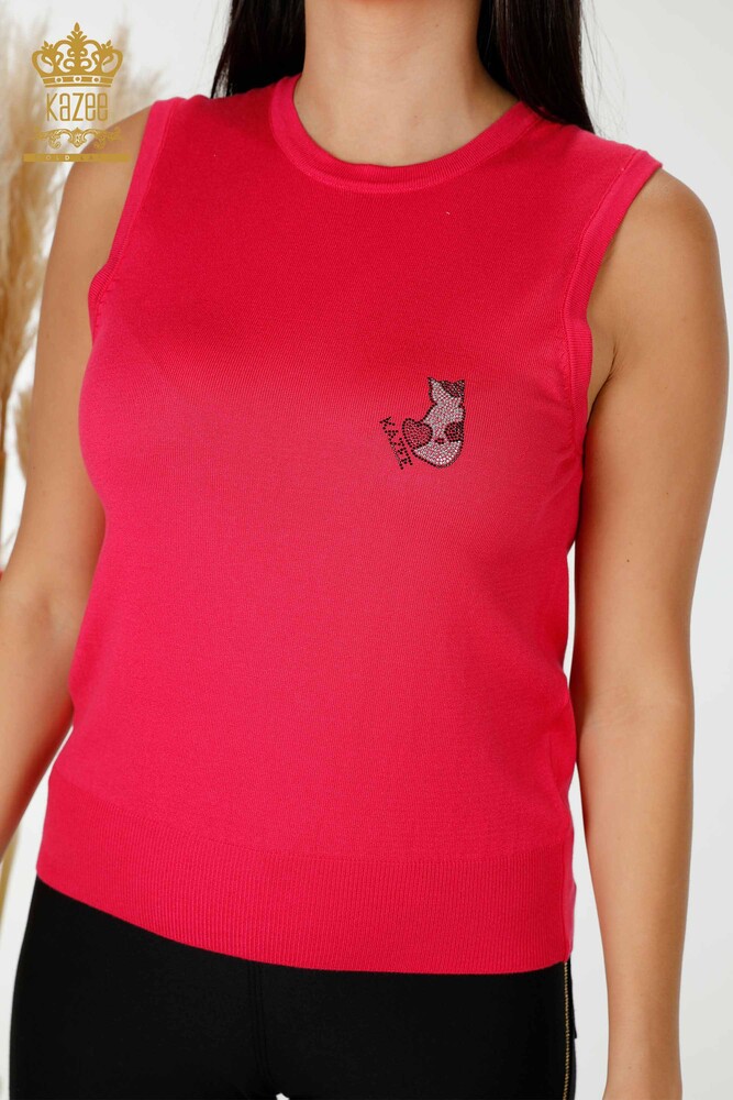 Wholesale Women's Knitwear Cat Patterned Sleeveless Fuchsia - 16902 | KAZEE - 2