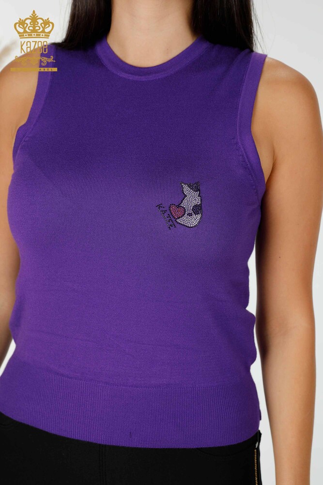 Wholesale Women's Knitwear Cat Patterned Sleeveless Purple - 16902 | KAZEE - 3