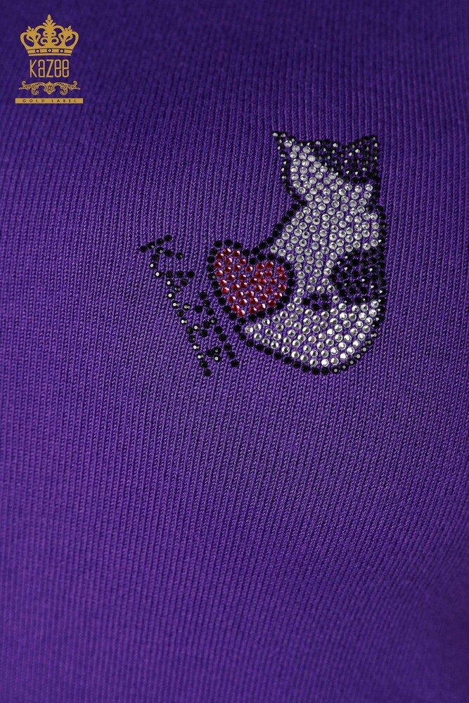 Wholesale Women's Knitwear Cat Patterned Sleeveless Purple - 16902 | KAZEE - 4