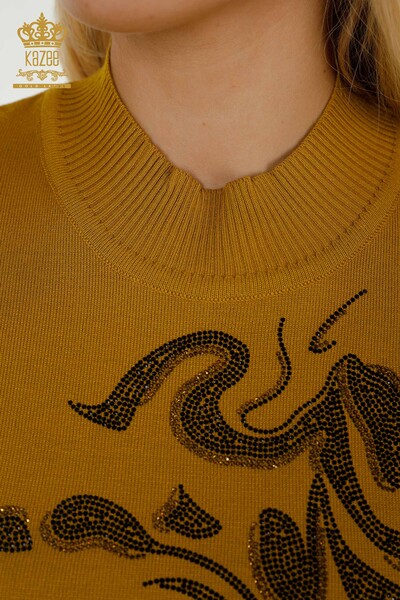 Wholesale Women's Knitwear Stone Embroidered Patterned High Collar Mustard - 16973 | KAZEE - Thumbnail