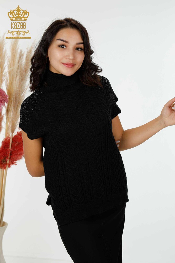 Wholesale Women's Knitwear Shoulder Crystal Stone Embroidered Black - 30097 | KAZEE - 1