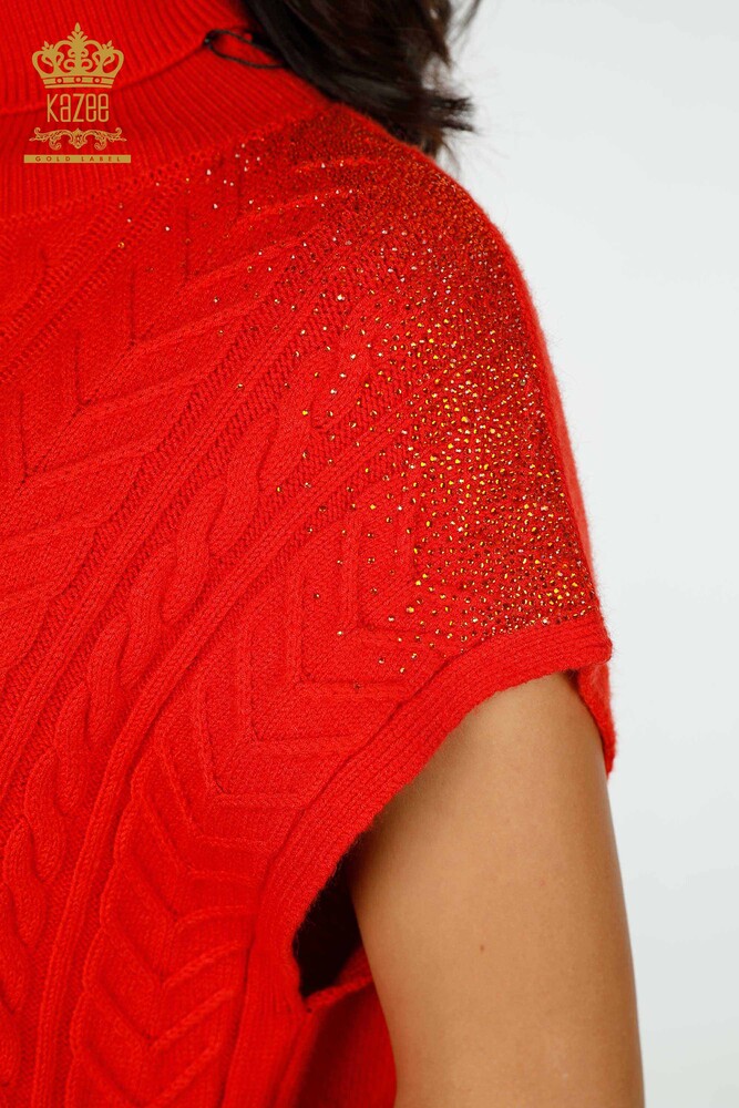 Wholesale Women's Knitwear Shoulder Crystal Stone Embroidered Coral - 30097 | KAZEE - 5