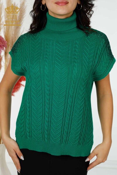 Wholesale Women's Knitwear Shoulder Crystal Stone Embroidered Green - 30097 | KAZEE - 2