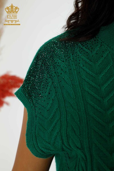 Wholesale Women's Knitwear Shoulder Crystal Stone Embroidered Green - 30097 | KAZEE - 4