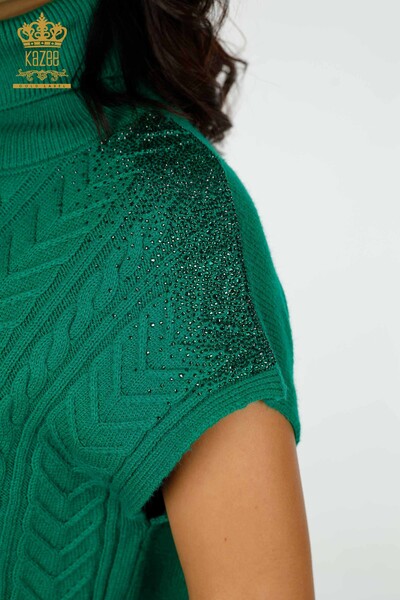 Wholesale Women's Knitwear Shoulder Crystal Stone Embroidered Green - 30097 | KAZEE - 5