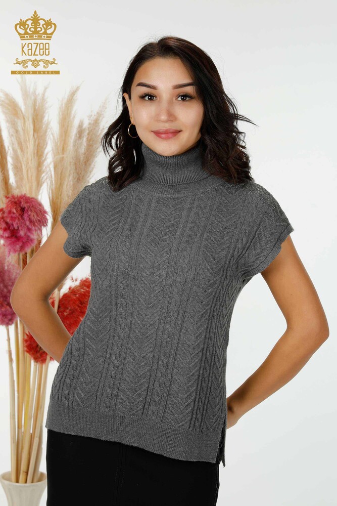 Wholesale Women's Knitwear Shoulder Crystal Stone Embroidered Gray - 30097 | KAZEE - 1