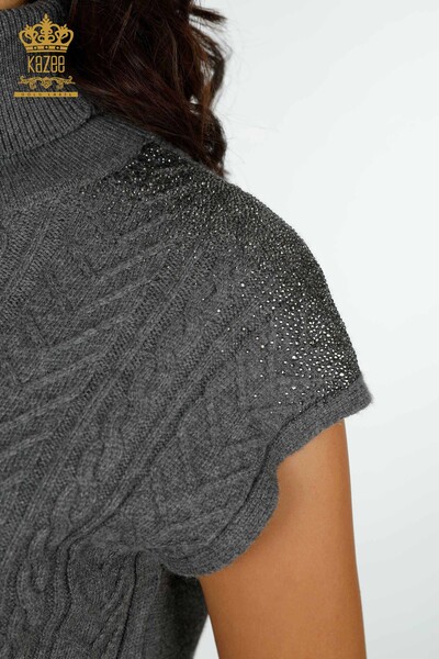 Wholesale Women's Knitwear Shoulder Crystal Stone Embroidered Gray - 30097 | KAZEE - 4