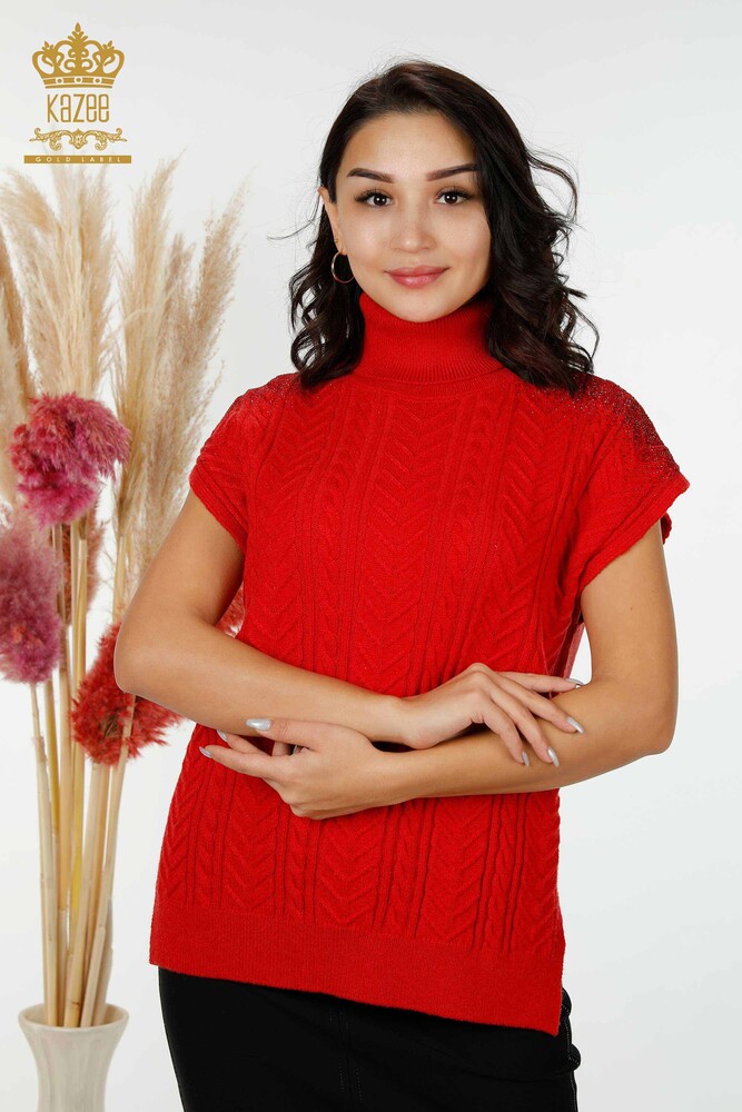 Wholesale Women's Knitwear Shoulder Crystal Stone Embroidered Red - 30097 | KAZEE - 1