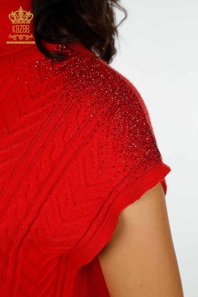 Wholesale Women's Knitwear Shoulder Crystal Stone Embroidered Red - 30097 | KAZEE - 5