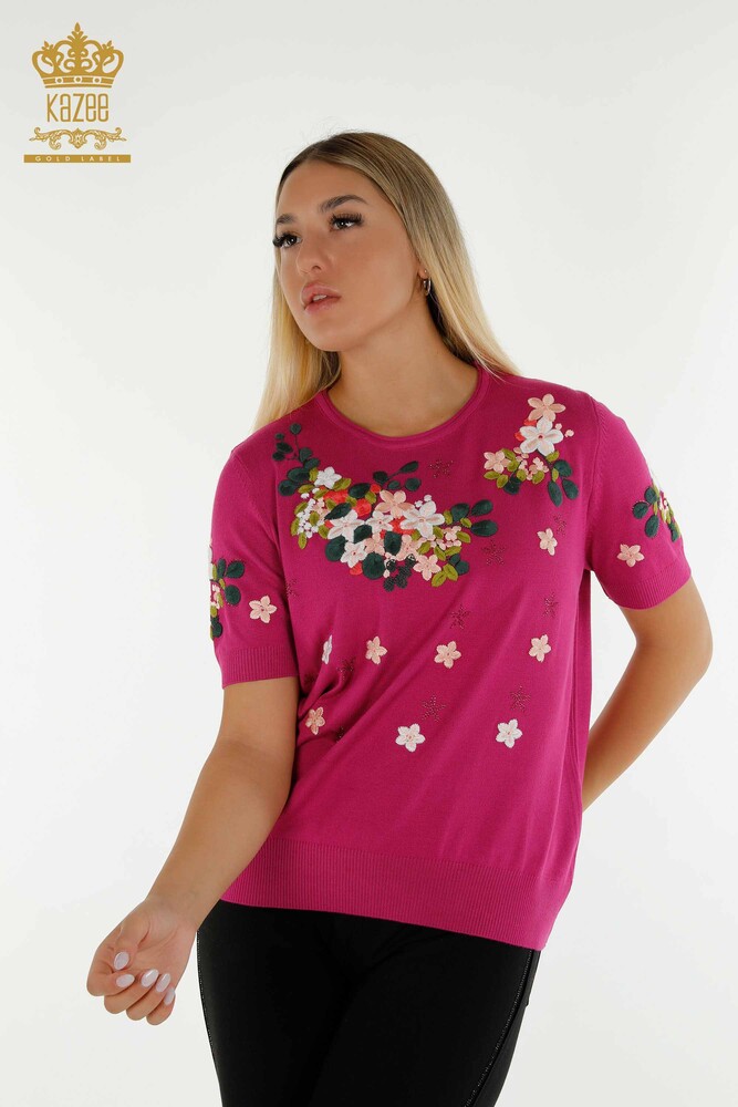 Wholesale Women's Knitwear Sweater American Model Fuchsia - 16761 | KAZEE - 1