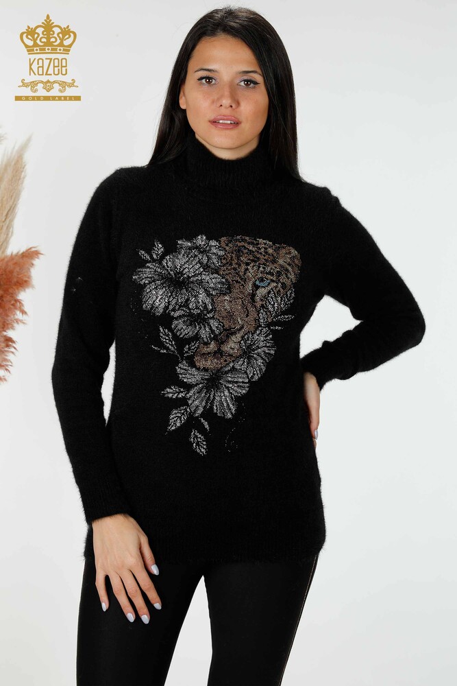 Wholesale Women's Knitwear Sweater Stone Embroidered Patterned Angora Black - 16993 | KAZEE - 1