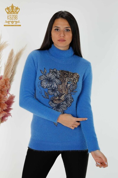 Wholesale Women's Knitwear Sweater Stone Embroidered Patterned Angora Blue - 16993 | KAZEE - 1