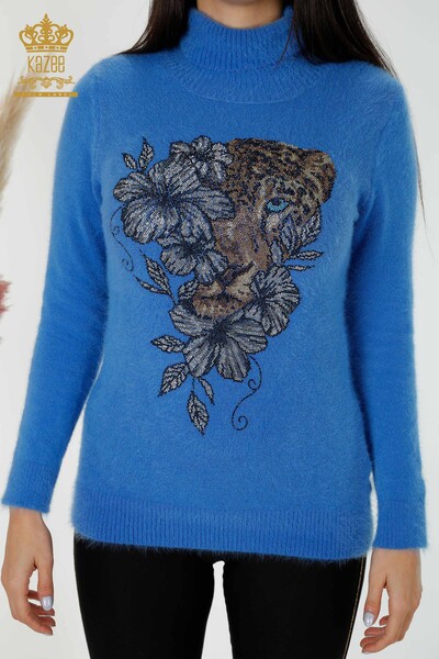 Wholesale Women's Knitwear Sweater Stone Embroidered Patterned Angora Blue - 16993 | KAZEE - 2