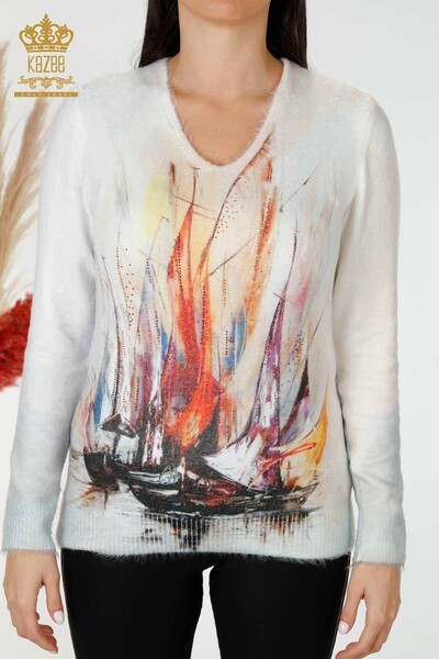 Wholesale Women's Knitwear Sweater Angora Digital Print Ecru - 18988 | KAZEE - 2