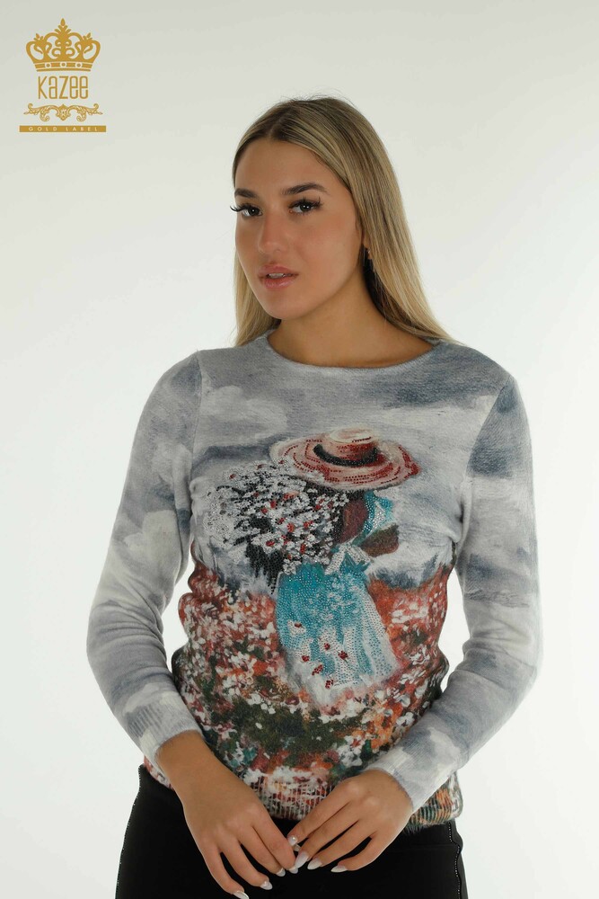 Wholesale Women's Knitwear Sweater Angora Figure Printed Digital - 40040 | KAZEE - 1