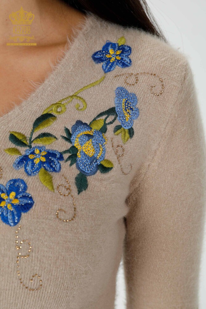 Wholesale Women's Knitwear Sweater Angora Floral Pattern Beige - 18917 | KAZEE - 3