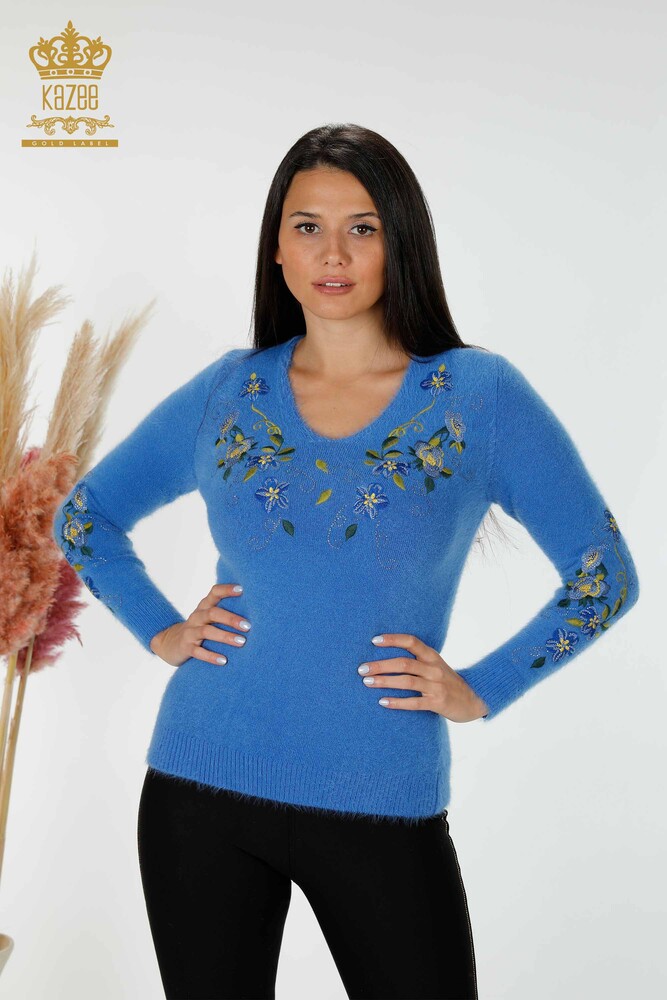 Wholesale Women's Knitwear Sweater Angora Floral Pattern Blue - 18917 | KAZEE - 1