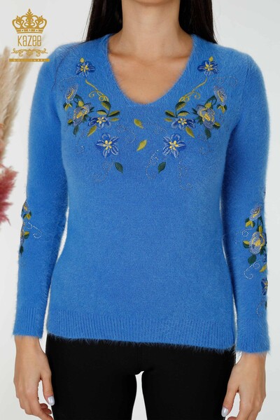 Wholesale Women's Knitwear Sweater Angora Floral Pattern Blue - 18917 | KAZEE - 2