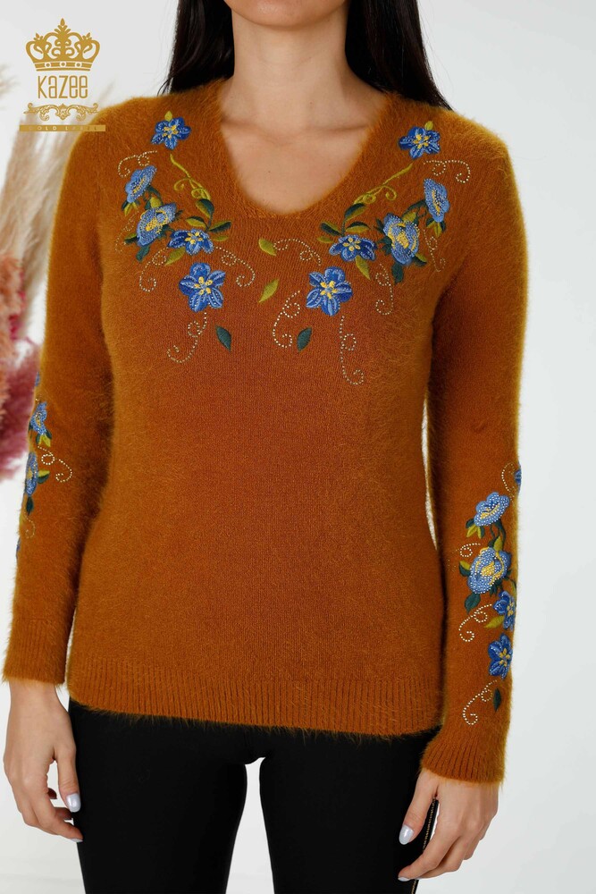 Wholesale Women's Knitwear Sweater Angora Floral Pattern Mustard - 18917 | KAZEE - 2