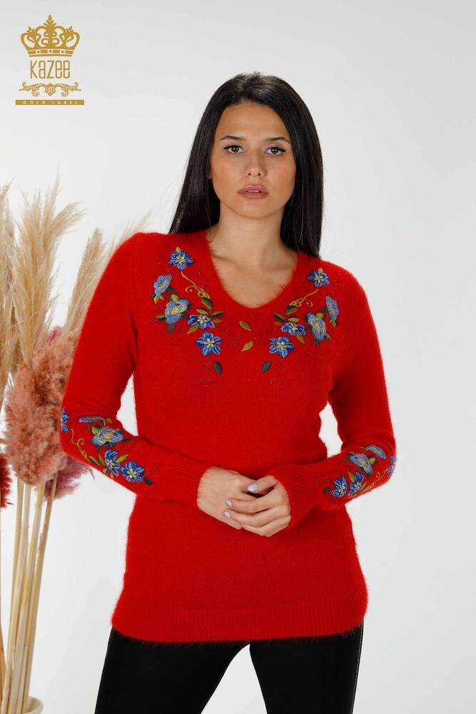 Wholesale Women's Knitwear Sweater Angora Floral Pattern Red - 18917 | KAZEE - 1