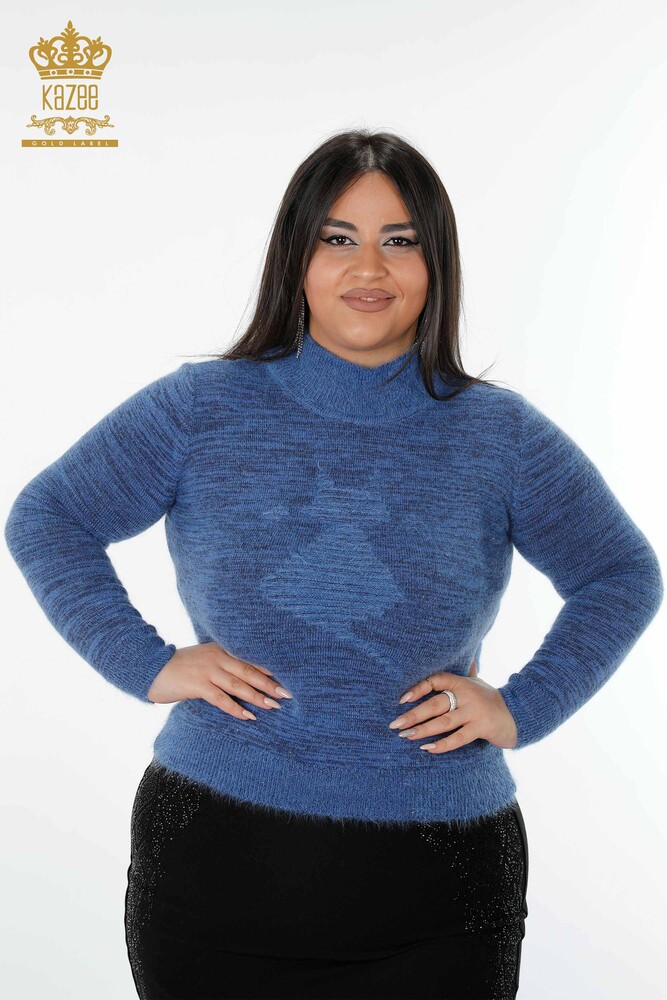 Wholesale Women's Knitwear Sweater Angora Stand Collar Blue - 19071 | KAZEE - 1