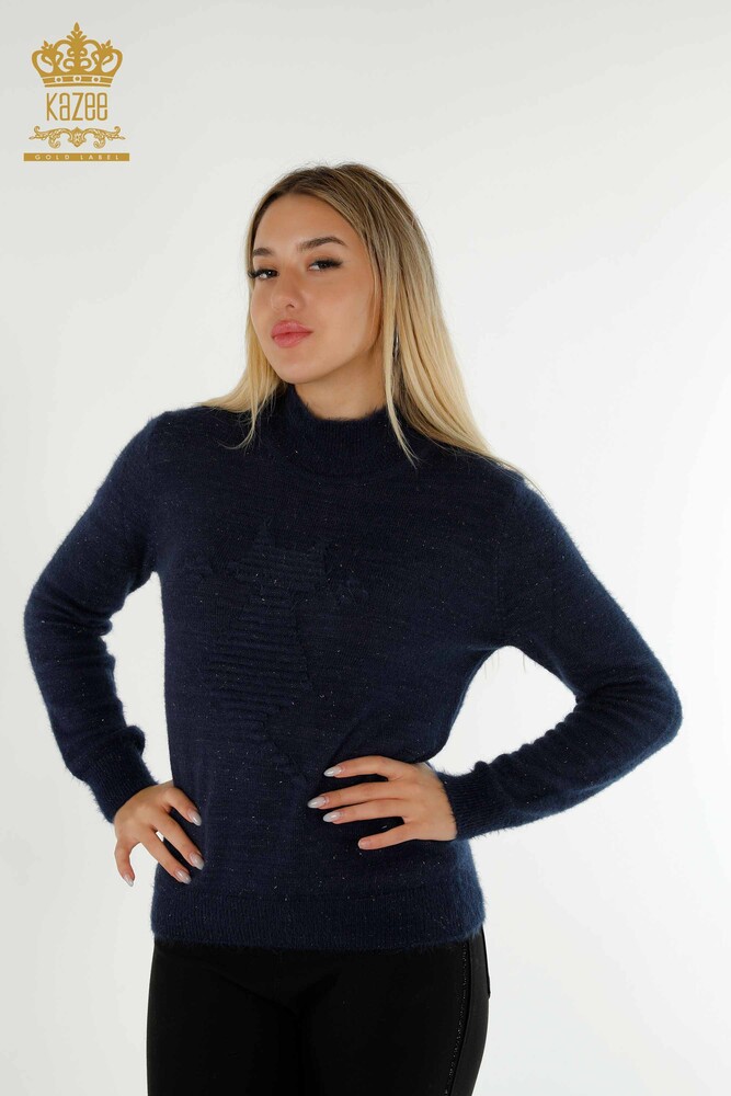 Wholesale Women's Knitwear Sweater Angora Stand Collar Navy - 19071 | KAZEE - 1