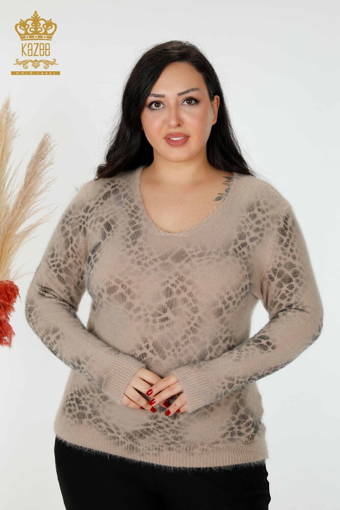 Wholesale Women's Knitwear Sweater Angora Patterned Beige - 18980 | KAZEE - 1