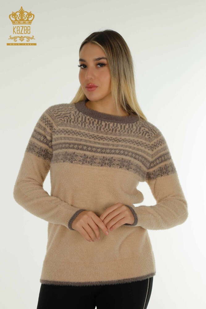 Wholesale Women's Knitwear Sweater Angora Patterned Beige - 30681 | KAZEE - 1