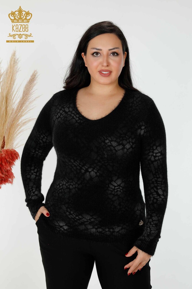 Wholesale Women's Knitwear Sweater Angora Patterned Black - 18983 | KAZEE - 1