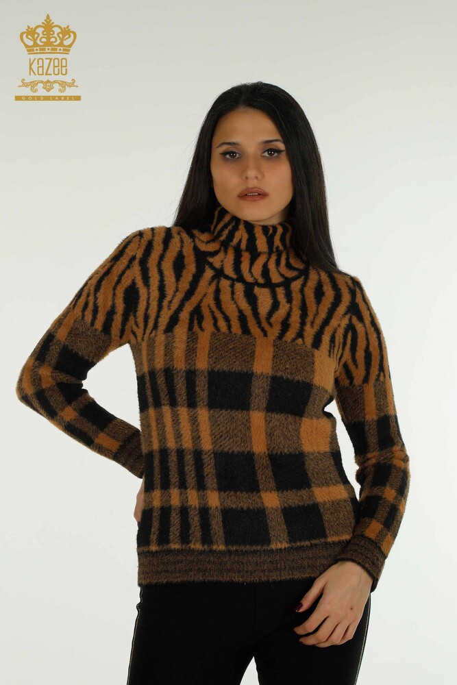 Wholesale Women's Knitwear Sweater Angora Patterned Brown - 30320 | KAZEE - 1