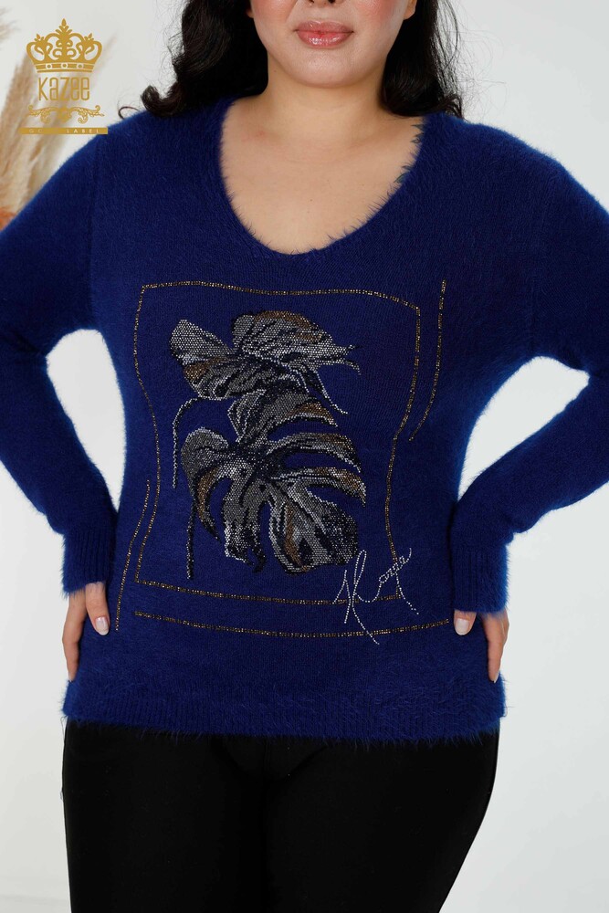 Wholesale Women's Knitwear Sweater Angora Patterned Dark Blue - 16995 | KAZEE - 2