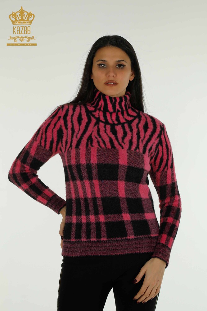 Wholesale Women's Knitwear Sweater Angora Patterned Fuchsia - 30320 | KAZEE - 1