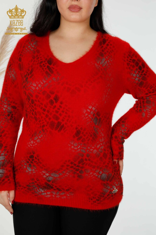 Wholesale Women's Knitwear Sweater Angora Pattern Red - 18980 | KAZEE - 2