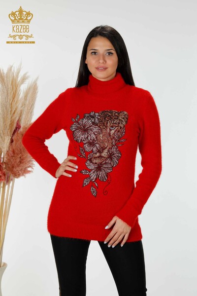 Wholesale Women's Knitwear Sweater Stone Embroidered Patterned Angora Red - 16993 | KAZEE 