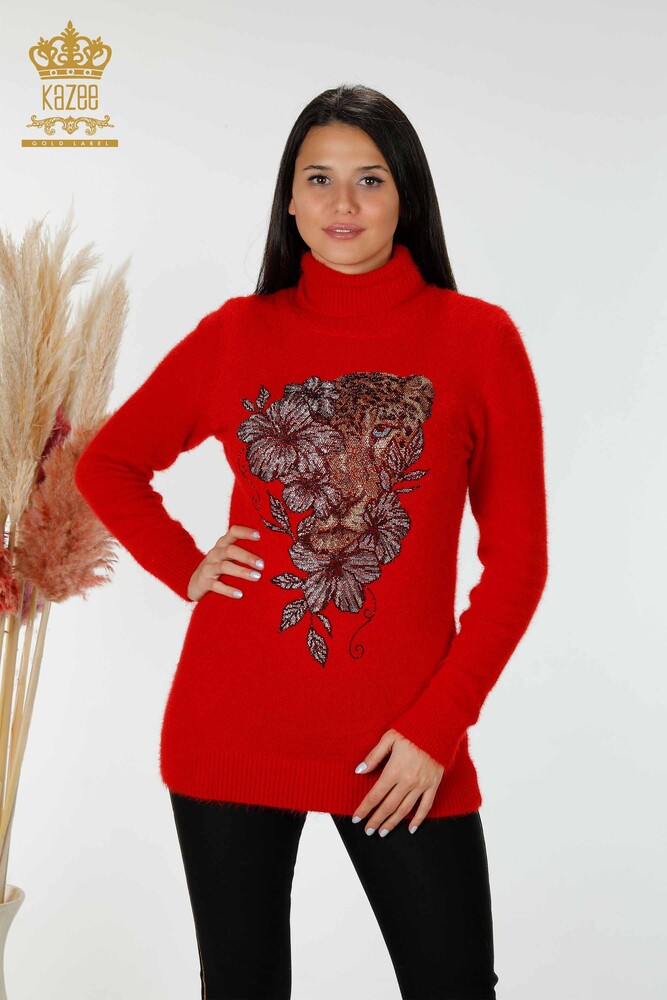 Wholesale Women's Knitwear Sweater Stone Embroidered Patterned Angora Red - 16993 | KAZEE - 1