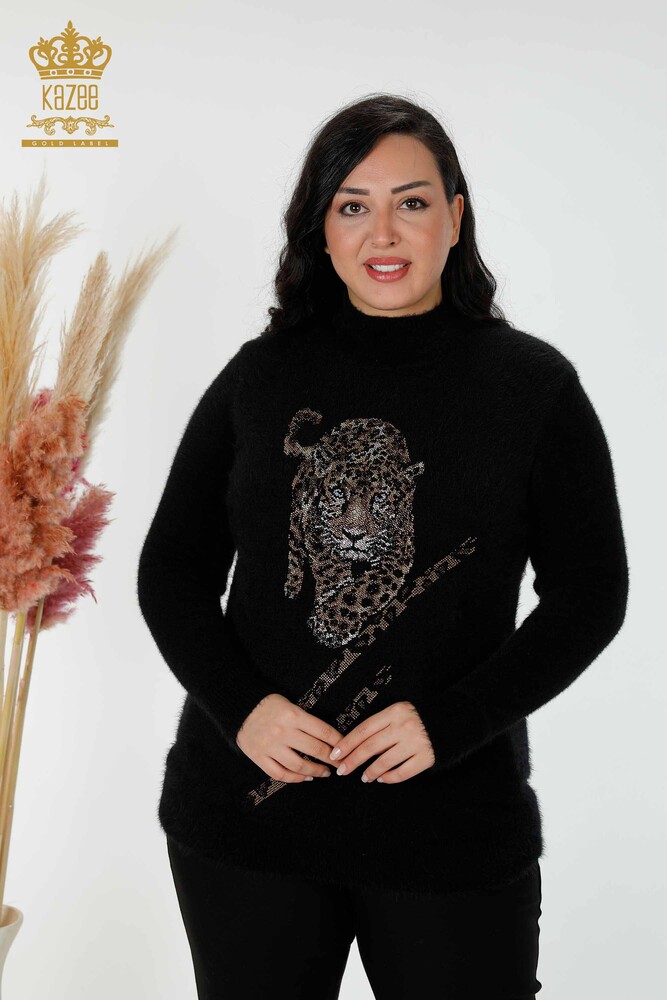 Wholesale Women's Knitwear Sweater Angora Tiger Pattern Black - 18957 | KAZEE - 1