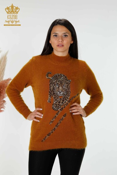 Wholesale Women's Knitwear Sweater Angora Tiger Pattern Mustard - 18957 | KAZEE 