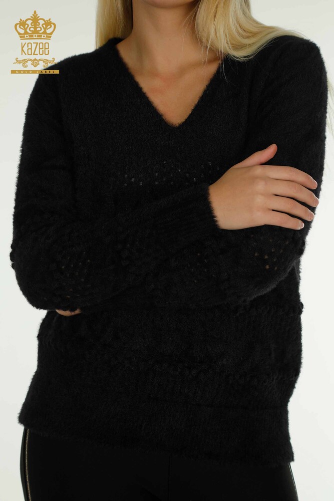 Wholesale Women's Knitwear Sweater Angora V Neck Black - 30697 | KAZEE - 2