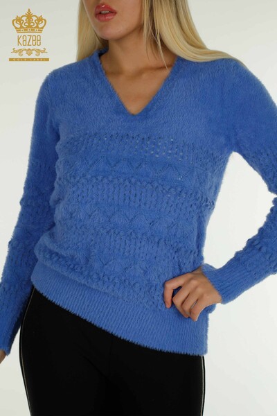 Wholesale Women's Knitwear Sweater Angora V Neck Blue - 30697 | KAZEE - 2