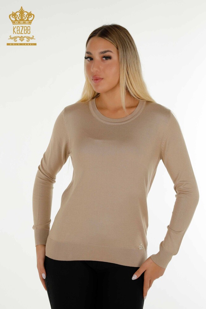 Wholesale Women's Knitwear Sweater Basic with Logo Beige - 11052 | KAZEE - 1