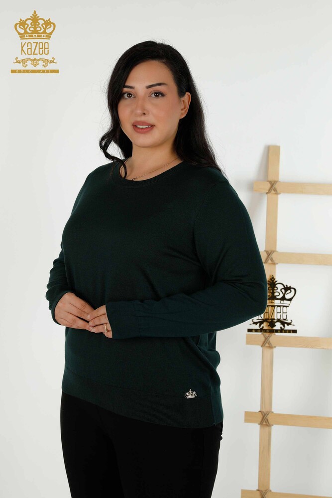 Wholesale Women's Knitwear Sweater - Basic - With Logo - Dark Green - 30213 | KAZEE - 1