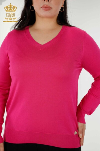 Wholesale Women's Knitwear Sweater Basic Logo Fuchsia - 30181 | KAZEE - 2