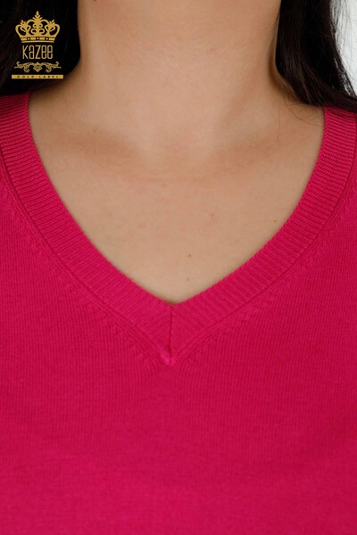 Wholesale Women's Knitwear Sweater Basic Logo Fuchsia - 30181 | KAZEE - 3