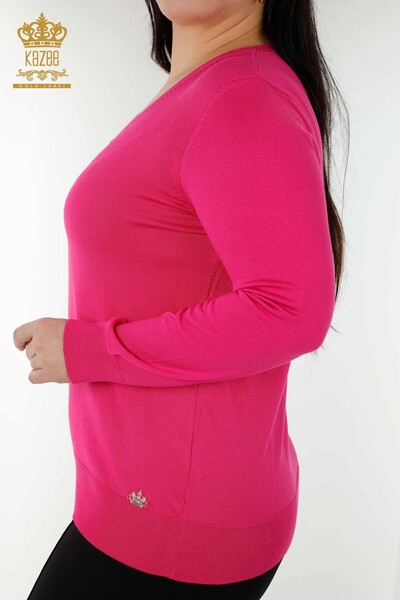 Wholesale Women's Knitwear Sweater Basic Logo Fuchsia - 30181 | KAZEE - 4