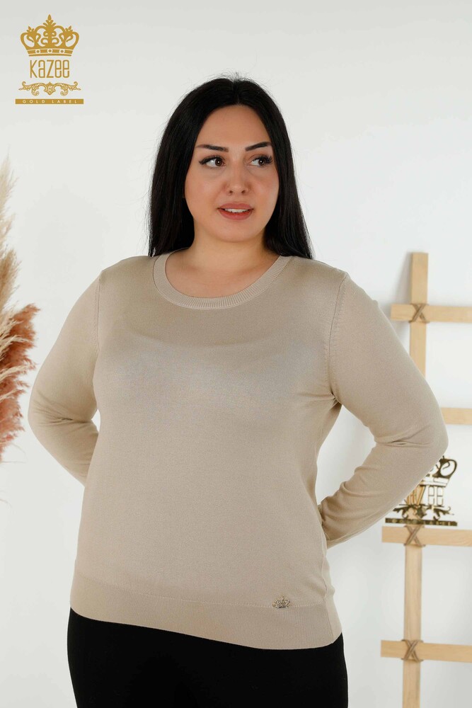 Wholesale Women's Knitwear Sweater Basic Logo Light Beige - 30213 | KAZEE - 1