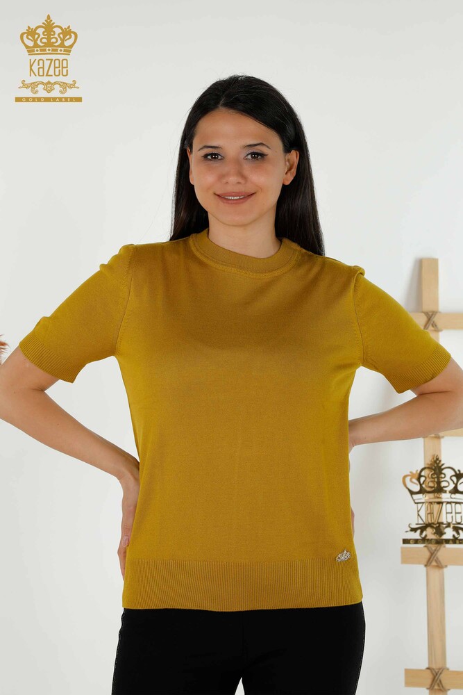 Wholesale Women's Knitwear Sweater - Basic - With Logo - Mustard - 30254 | KAZEE - 1