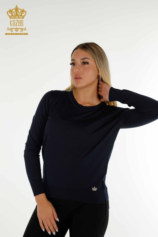 Wholesale Women's Knitwear Sweater Basic with Logo Navy Blue - 11052 | KAZEE - 1