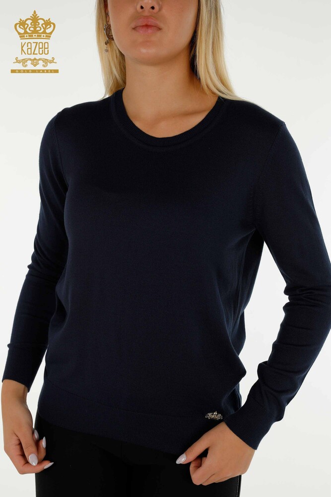 Wholesale Women's Knitwear Sweater Basic with Logo Navy Blue - 11052 | KAZEE - 2