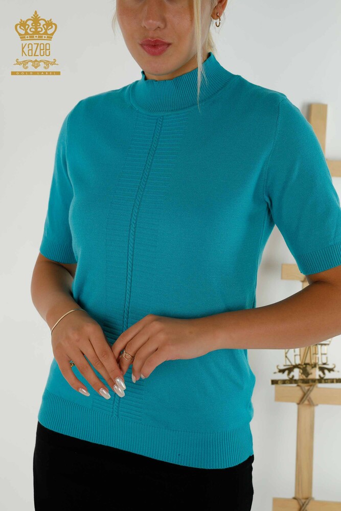 Wholesale Women's Knitwear Sweater Basic Short Sleeve Turquoise - 30334 | KAZEE - 2