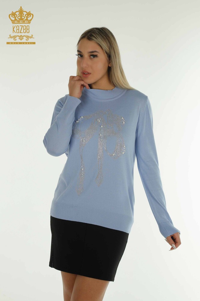 Wholesale Women's Knitwear Sweater Beaded Stone Embroidered Blue - 30672 | KAZEE - 1